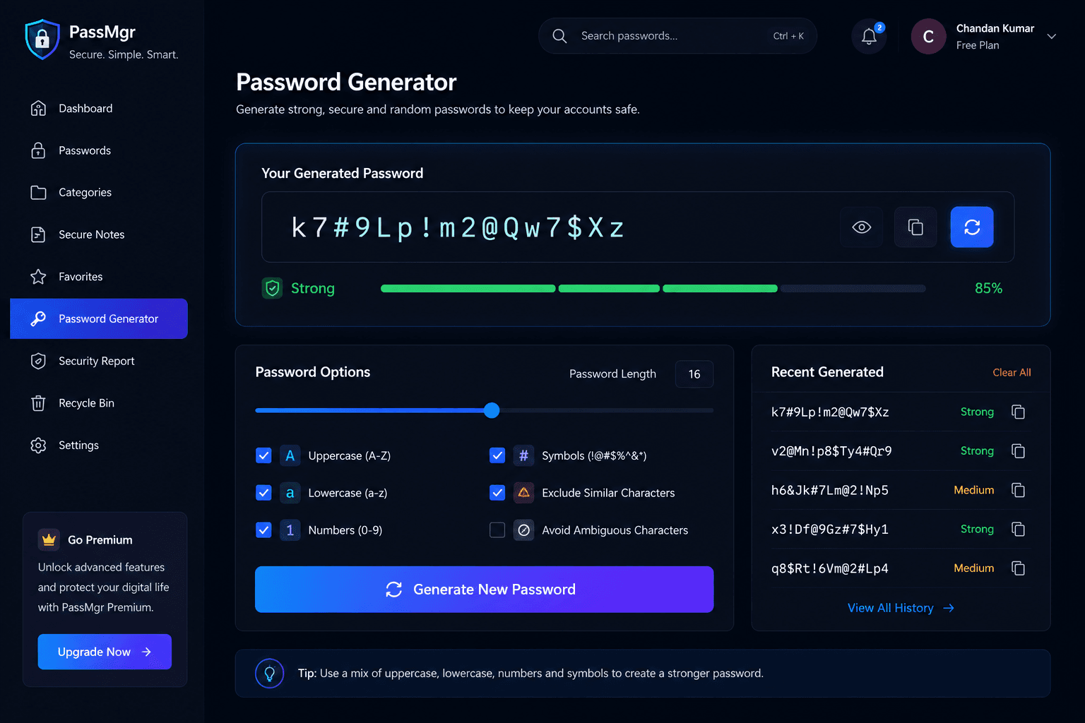 Password generator interface